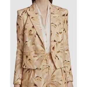 L’AGENCE Beige Linen Leaf-Print Cropped Blazer Coat Jacket Corporate Corp Size 4
